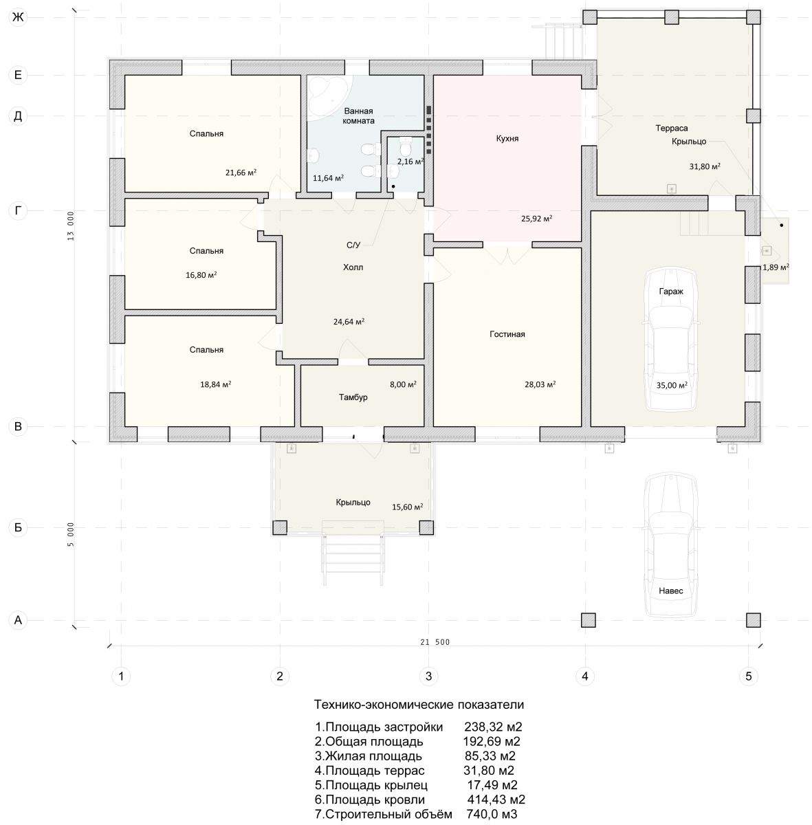 Планировка одноэтажного дома с тремя спальнями и кухней гостиной и гаражом